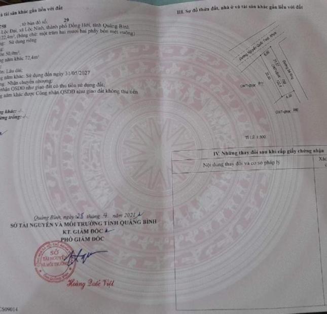 Căn góc 2 mặt tiền đường nhựa Nguyễn Quốc Trinh Lộc Ninh sân bay đồng hới giá đầu tư chỉ 1,x tỷ. 