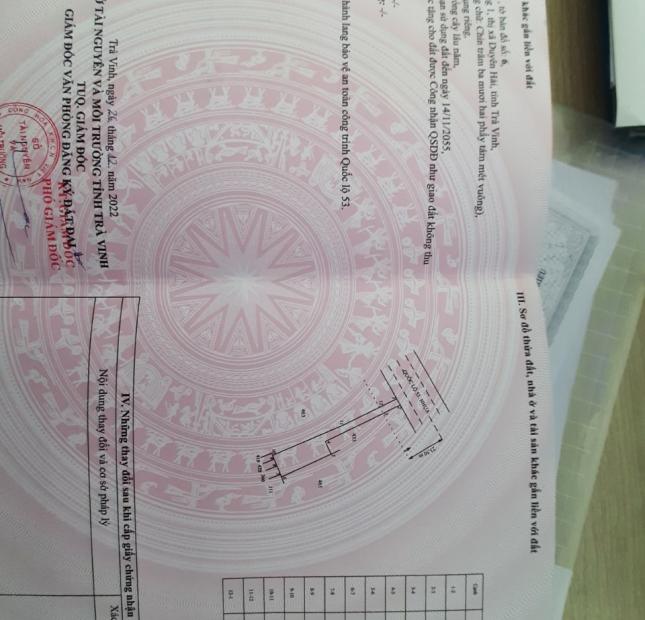 BÁN ĐẤT mặt tiền đường Quốc Lộ 53 ,DUYÊN HẢI ,TRÀ VINH diện tích 932 m