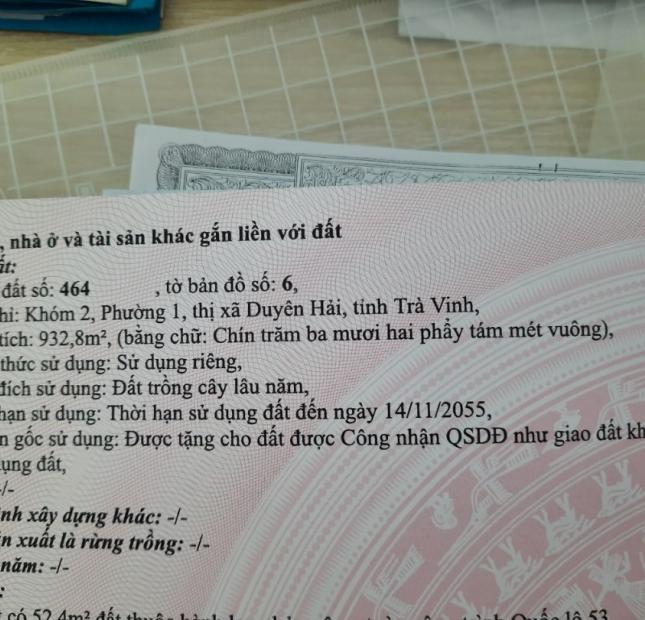 BÁN ĐẤT mặt tiền đường Quốc Lộ 53 ,DUYÊN HẢI ,TRÀ VINH diện tích 932 m