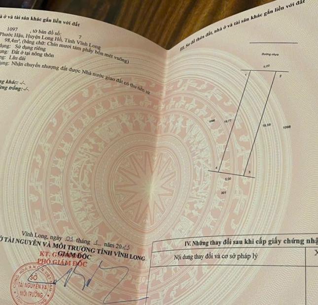 BÁN 5 NỀN LIỀN KỀ, THỔ CƯ, ĐƯỜNG ÔTÔ, PHƯỚC HẬU, VĨNH LONG