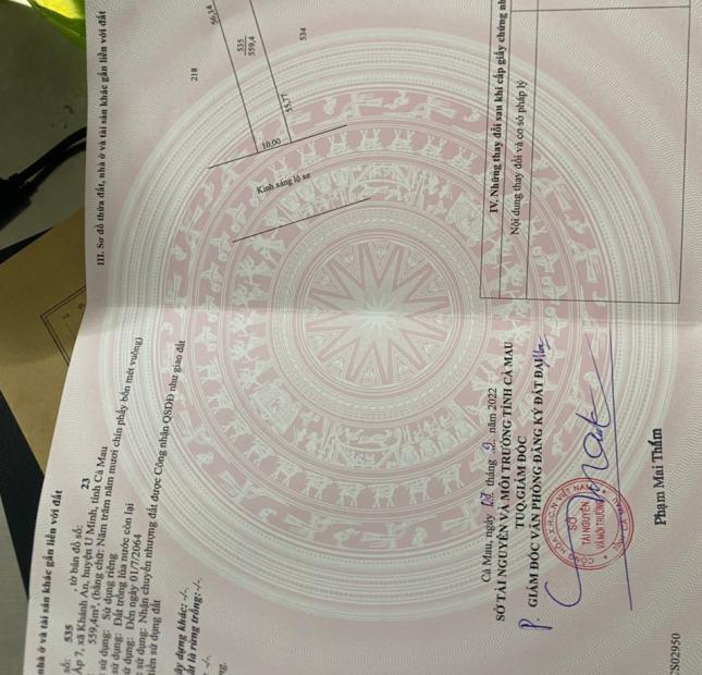 CHÍNH CHỦ CẦN BÁN ĐẤT KHU CÔNG NGHIỆP. U Minh, Cà Mau