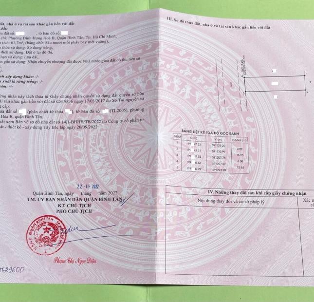 Bán lô đất MT 7m SH riêng tại Bình Tân