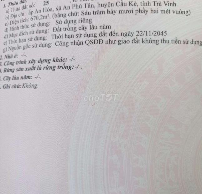 CHÍNH CHỦ BÁN NHANH Đất  Đắc Địa Tại  Xã An Phú Tân, Huyện Cầu Kè, Trà Vinh