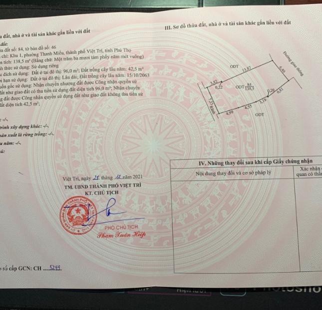 Chính chủ cần bán căn nhà tại số 05 ngõ 850 Đường Hùng Vương - Phường Thanh Miếu - TP Việt Trì -
