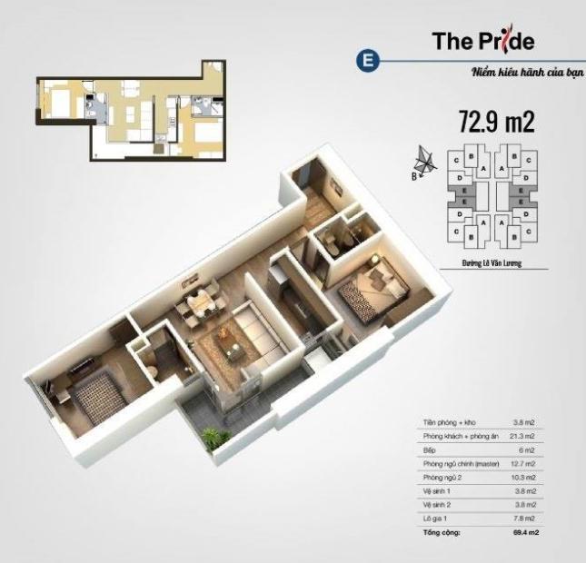 Nhà Đẹp Giá Tốt, Chính chủ bán Gấp căn hộ 73m2 2 PN CT3 The Pride, Hà Đông. Ban công rộng thoáng
