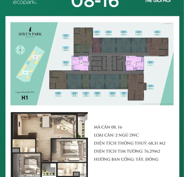 Chính chủ bán căn hộ số 16 tầng Trung, toà H2 Haven Park Ecopark view Biệt thự đảo và hướng thẳng