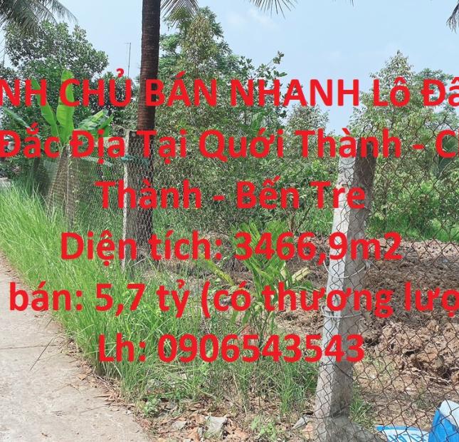 CHÍNH CHỦ BÁN NHANH Lô Đất Vị Trí Đắc Địa Tại Quới Thành - Châu Thành - Bến Tre