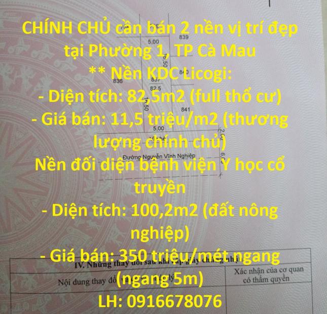 CHÍNH CHỦ cần bán 2 nền vị trí đẹp tại Phường 1, TP Cà Mau