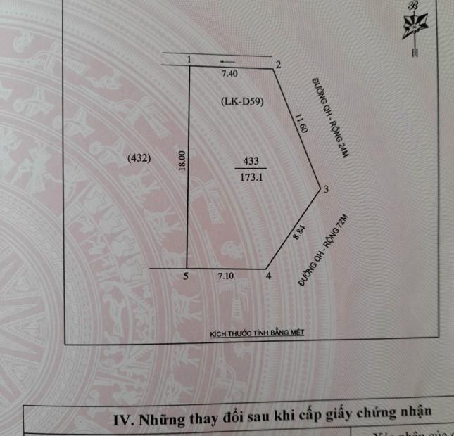 Bán đất Lô Góc 173m2 mặt đường 72m và Hồ Bá Kiện 24m