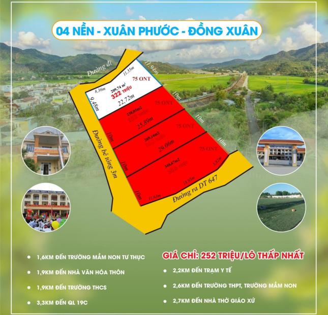 Siêu rẻ chỉ 322 triệu sở hữu ngay lô đất đẹp 209m2 trung tâm Xuân Phước, Đồng Xuân có sổ hồng