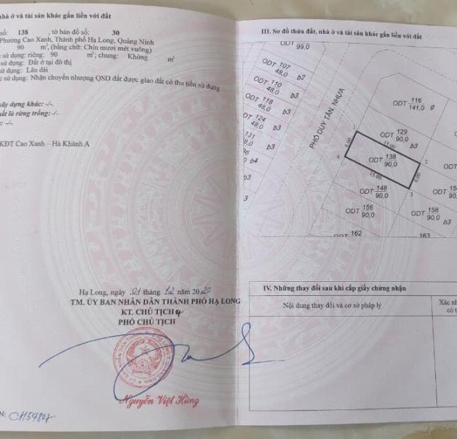 BÁN LÔ B8-3 KĐT CAO XANH,HÀ KHÁNH A. DT:90M2,MẶT TIỀN:6M.HƯỚNG:TÂY BẮC !!!