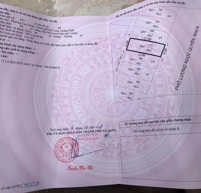 BÁN LÔ B29-11 KĐT CAO XANH,HÀ KHÁNH A. DT :48M2,MT: 4M. H: ĐÔNG NAM !!!