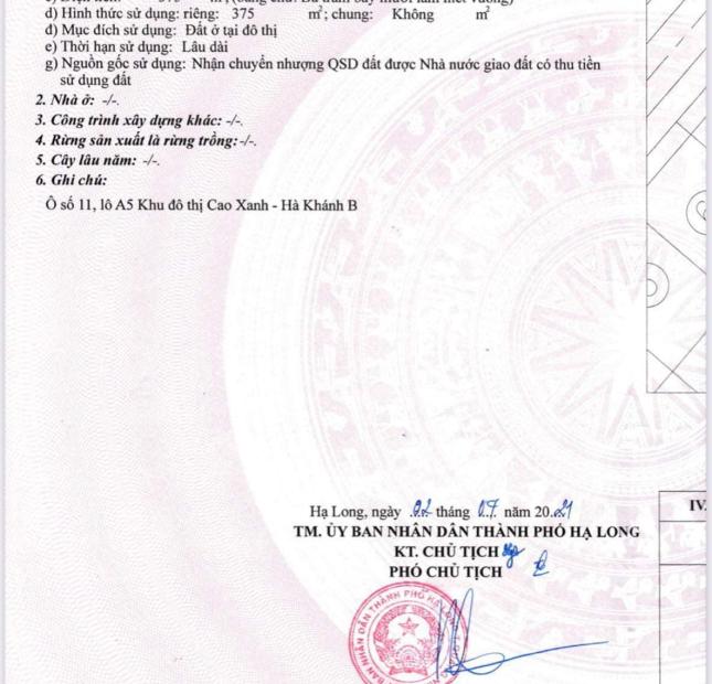BÁN ĐẤT KĐT CAO XANH HÀ KHÁNH B. DT:375M2,MT:15M,TP.HẠ LONG