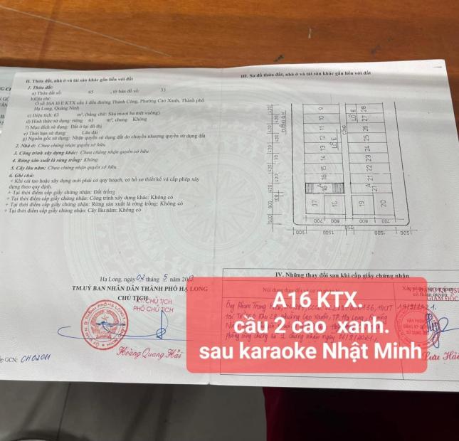 BÁN ĐẤT PHÂN LÔ GẦN SÂN BÓNG CAO XANH,P.CAO XANH,DT:63M2,MT:4.2M !!!