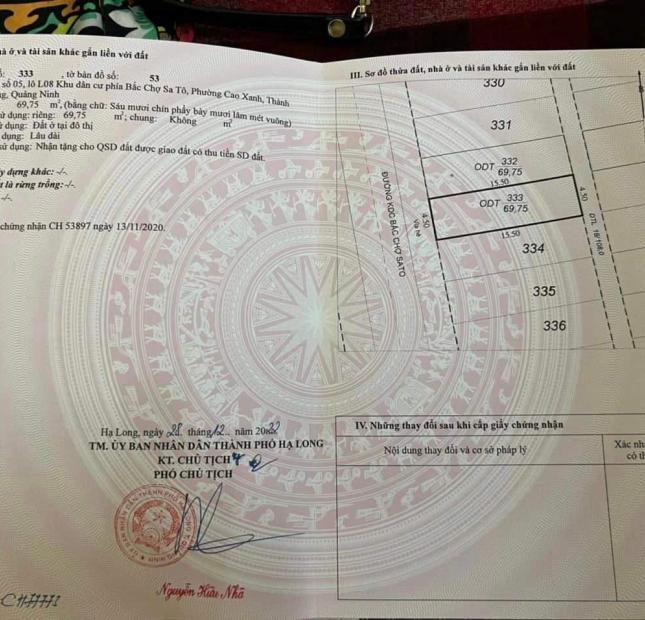 BÁN ĐẤT KĐT PHÂN LÔ SAU CHỢ SATO,P.CAO XANH. DT:69.75M2 ĐẸP !!!