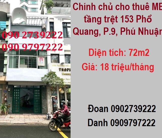 ⭐Chính chủ cho thuê MB tầng trệt 153 Phổ Quang, P.9, Phú Nhuận; 18tr/th; 0902739222