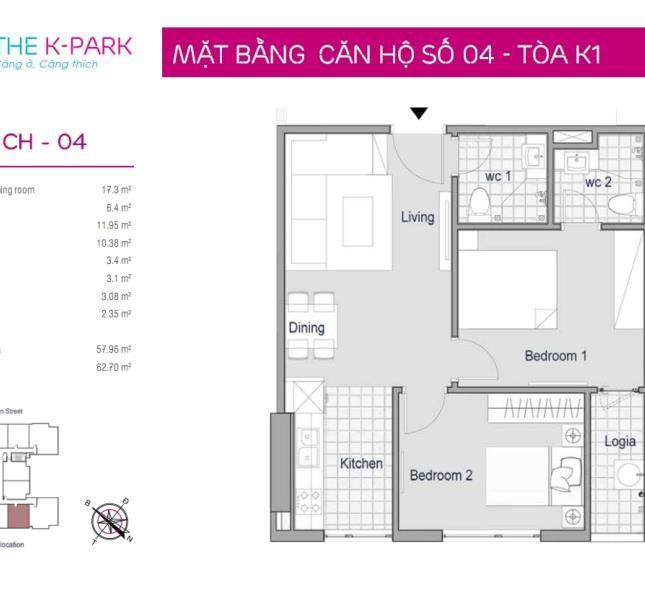 Bán Nhanh căn 58m² (2 ngủ + 2vs) giá 2.4 (tỷ) để lại đủ đồ toà The Kpark Văn Phú