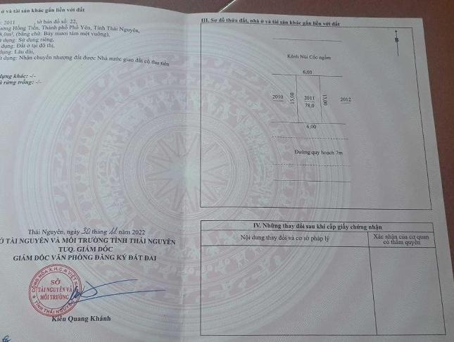 Chính chủ cần bán lô đất liền kề Dự án KDG Hồng Tiến, thành phố Phổ Yên, tỉnh Thái Nguyên