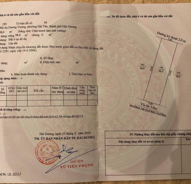 Bán gấp 98m2 đất tại 27 An Dương Vương chỉ 4,6 tỷ