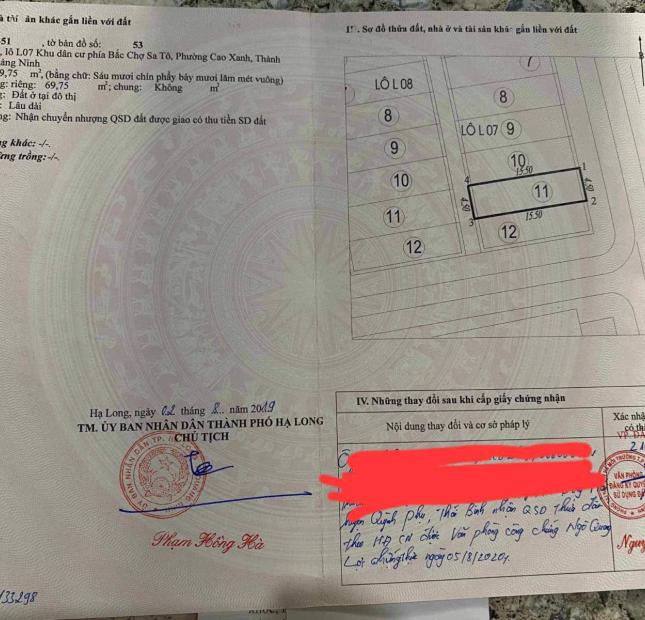 BÁN L07-11KĐT NGHÀNH THAN CHỢ SATO-CAO XANH.DT:69.75M2,MT:4.5M.H:ĐN !!!