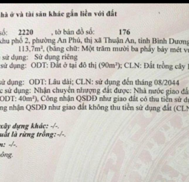 BÁN LÔ ĐẤT 114m2, NỞ HẬU, NGAY KCN VSIP 1, AN PHÚ, BÌNH DƯƠNG - GIÁ 2.2 Tỷ