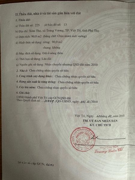 Chính chủ cần bán đất tại địa chỉ xóm Thọ Xã Trưng vương,  Thành phố Việt Trì Tỉnh Phú Thọ