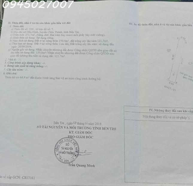 Chính chủ cần bán lô đất thổ cư tại Xã Hữu Định, Châu Thành, giá rẻ chỉ 2,7 tỷ