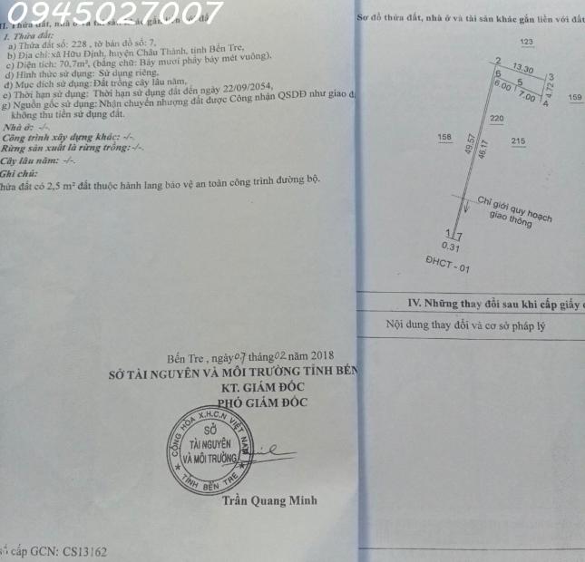 Chính chủ cần bán lô đất thổ cư tại Xã Hữu Định, Châu Thành, giá rẻ chỉ 2,7 tỷ