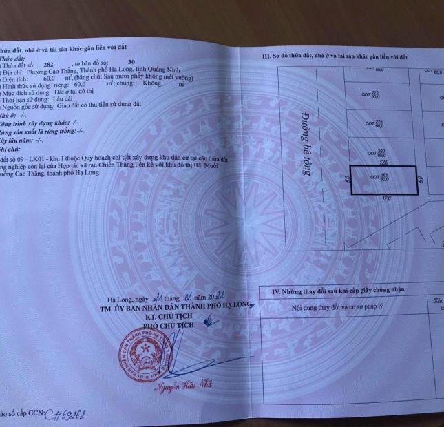 BÁN TĐC RUỘNG RAU CAO THẮNG. LK1-9 GÓC. DT:60M2,MT:5M SIÊU ĐẸP