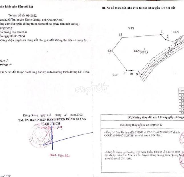 Nhà em có mảnh đất vườn 3032,8m2 tại xã Tư, huyện Đông Giang cần bán