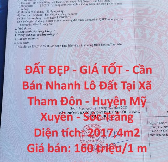 ĐẤT ĐẸP - GIÁ TỐT - Cần Bán Nhanh Lô Đất Tại Xã Tham Đôn - Huyện Mỹ Xuyên - Sóc Trăng