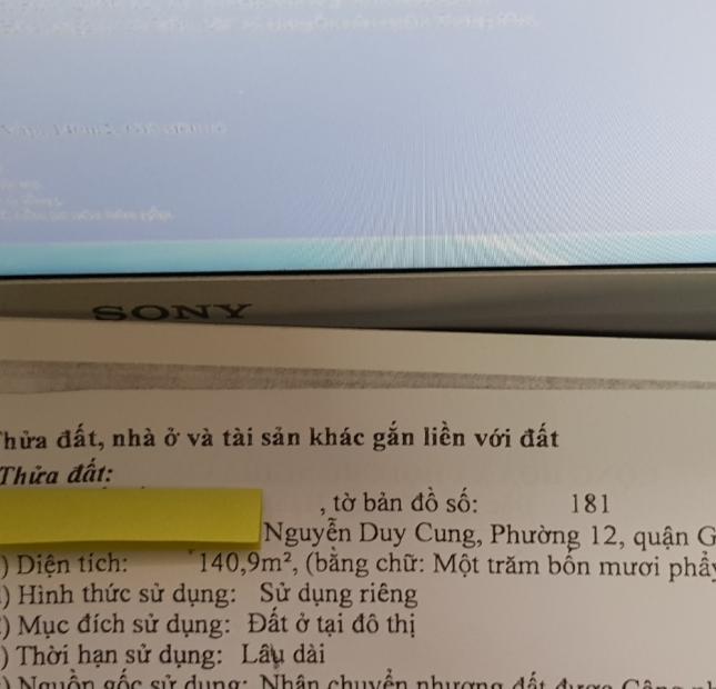 Nhỉnh 40tr/m2, Bán đất Nguyễn Duy Cung, Gò Vấp, 140m2, 6 tỷ 0964364745