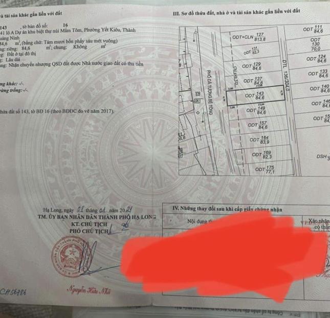 BÁN ĐẤT KĐT ĐỒI CON TÔM,P.YẾT KIÊU. DT:84.6M2,MT:4.7M.H:TN ĐẸP !!!