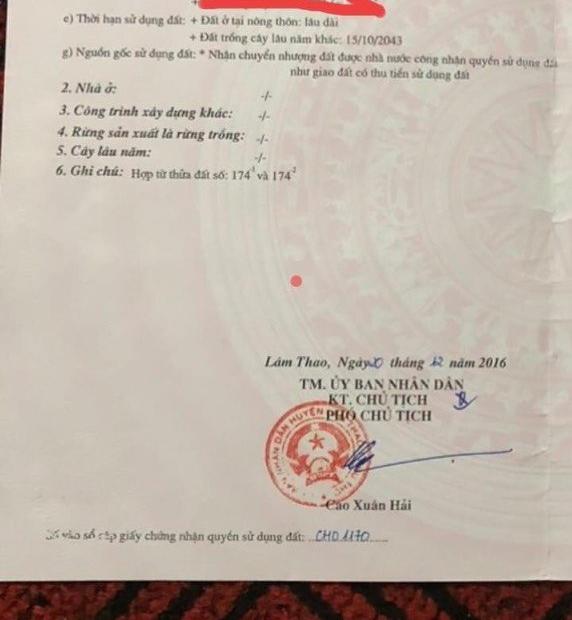 * CHÍNH CHỦ CẦN BÁN LÔ ĐẤT XÃ SƠN VI – HUYỆN LÂM THAO – TỈNH PHÚ THỌ *