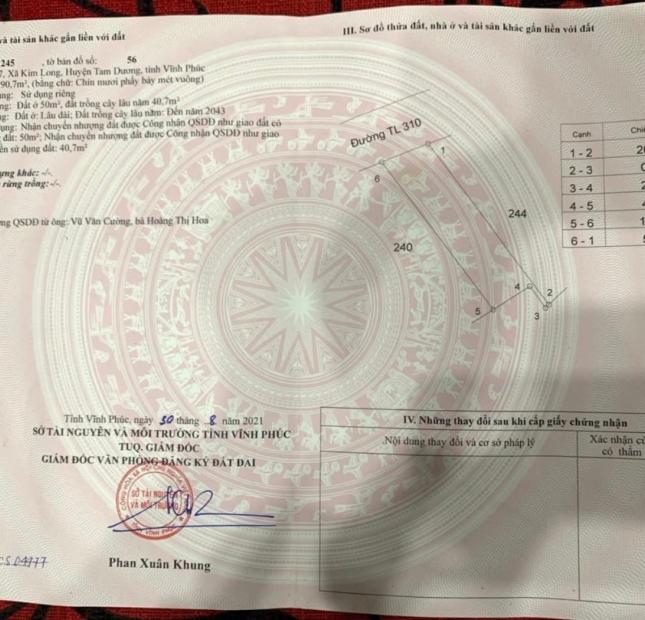 Bán đất đường 310 Kim Long,Tam Dương giá 1,4 tỷ. LH 0399.566.078
