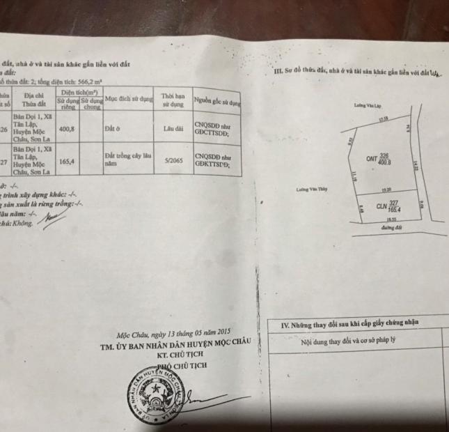 Bán đất tại Xã Tân Lập, Mộc Châu,  Sơn La diện tích 565m2