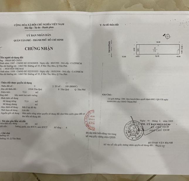 Bán nhà hẻm 20m Tân Quý, 8x18m, Trệt 3 lầu, Giá 15.5 tỷ TL